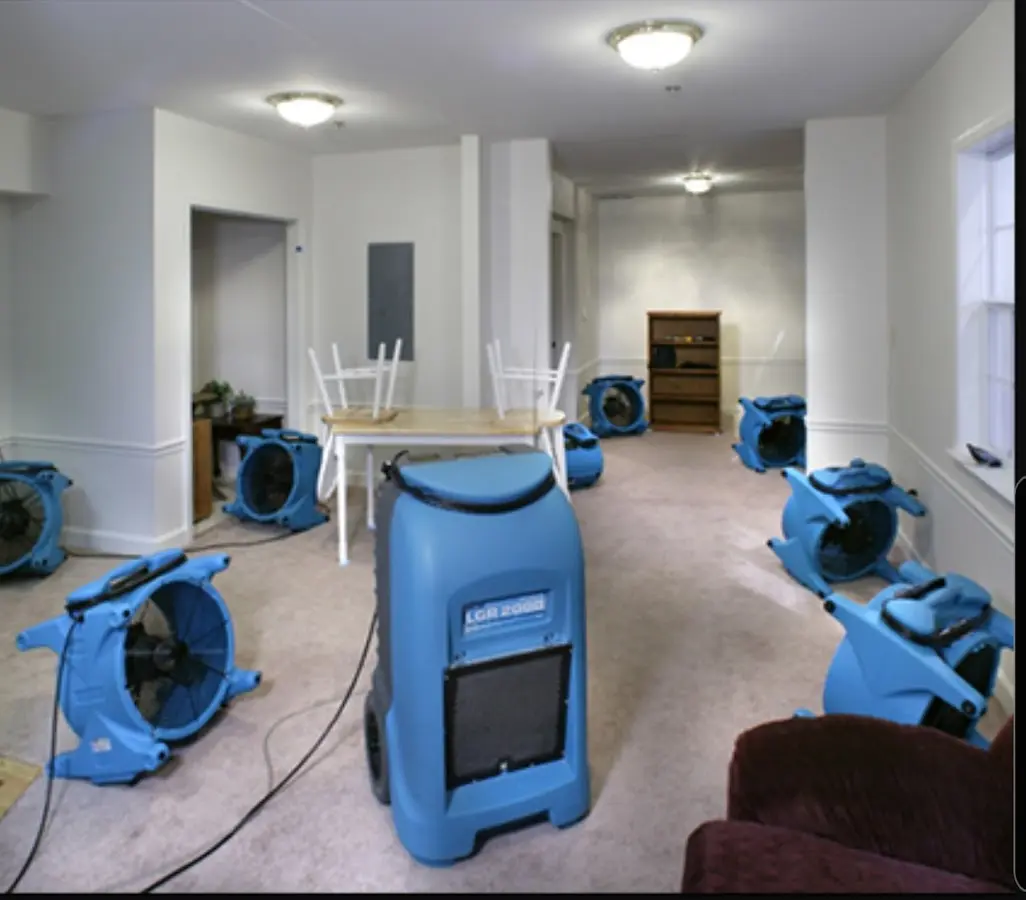 Air movers and dehumidifier setup for Water Damage Restoration in Union Mill